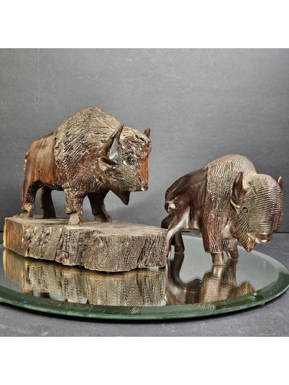 Bison Wood Carving Pair Ironwood Detailed Very Well Done Iron Wood Carved